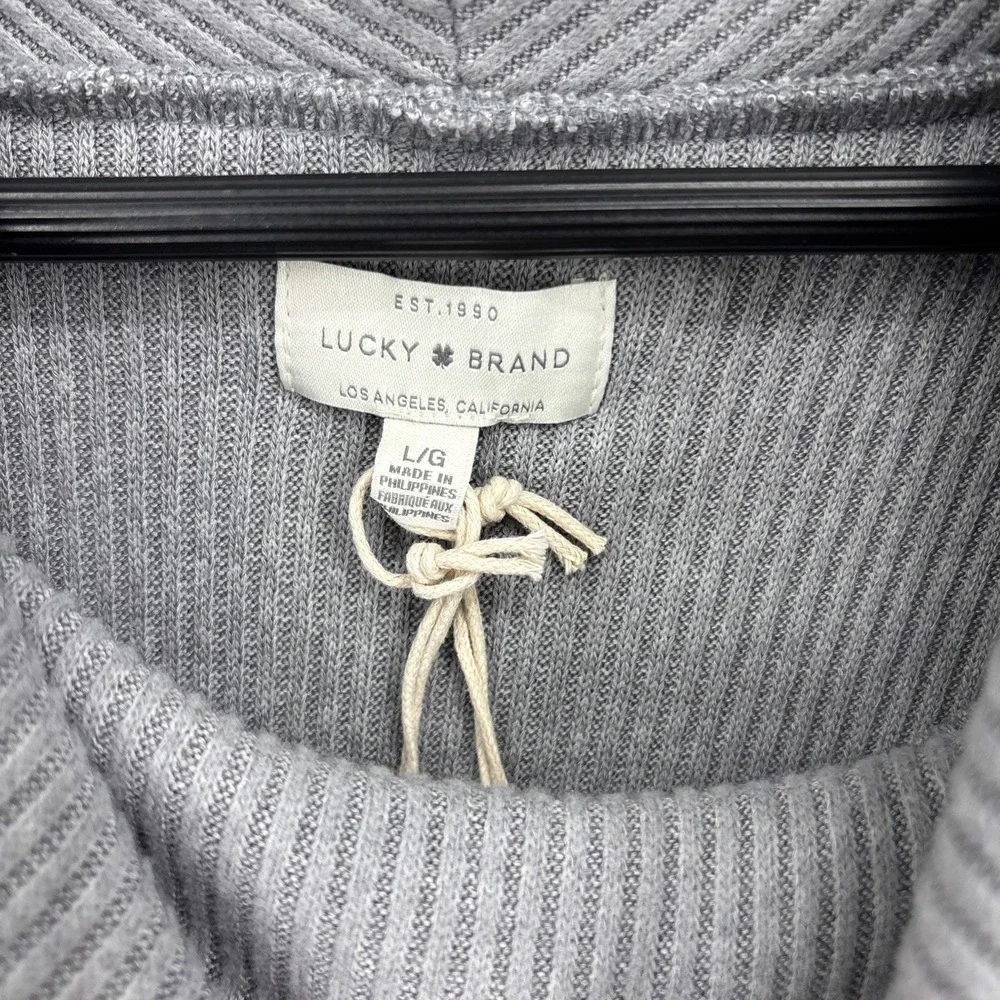 Lucky Brand Size Large Cowl Neck Ribbed Sweater Knit Top Gray Crossover Back NEW